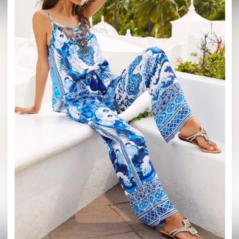 Boston Proper “Shahida Parides” Blue Wave Embellished Tank Top & Palazzo Pants